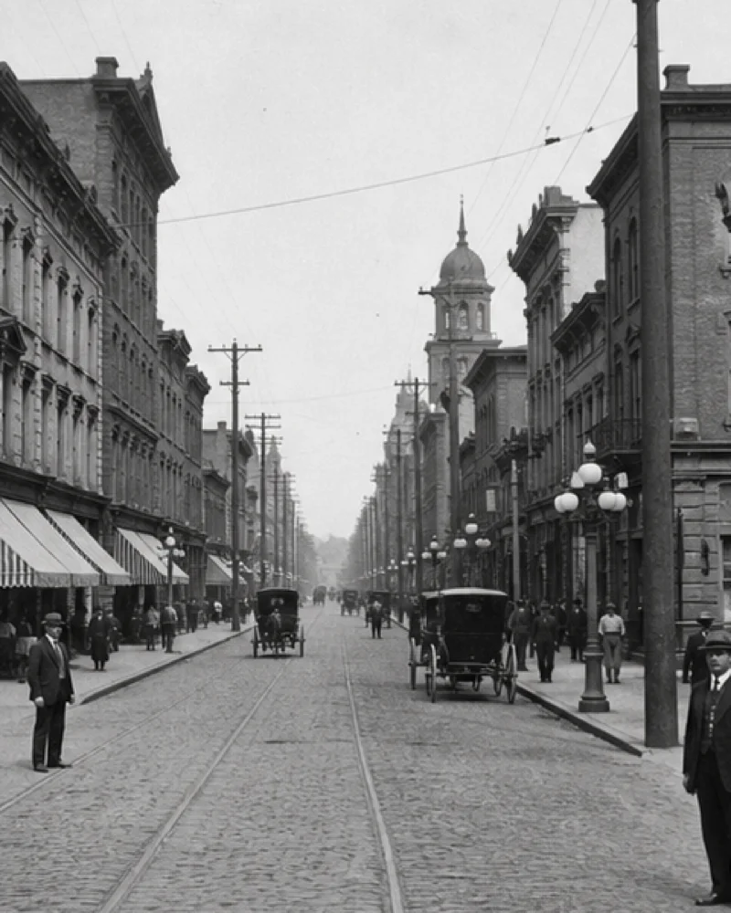 Restored black-and-white fictional historic streetscape