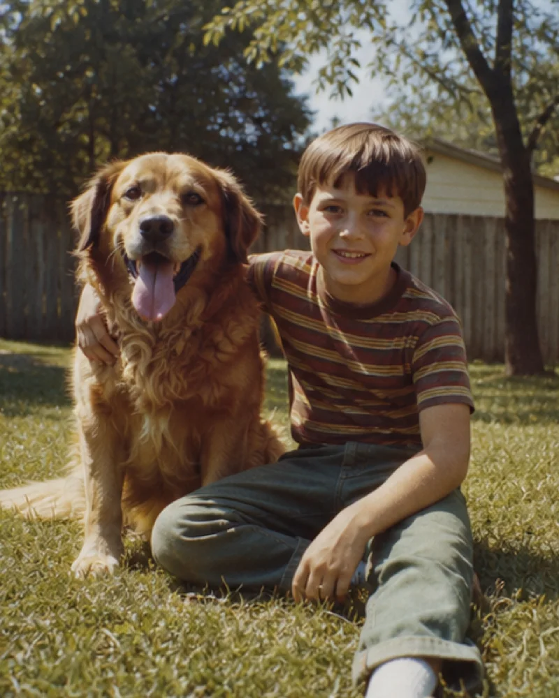 Recovered faded color in a fictional childhood snapshot