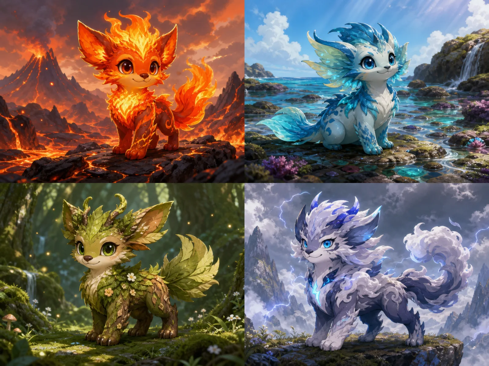 Four completely original elemental creature directions: ember, tide, grove, and storm, with distinct silhouettes and no franchise assets.