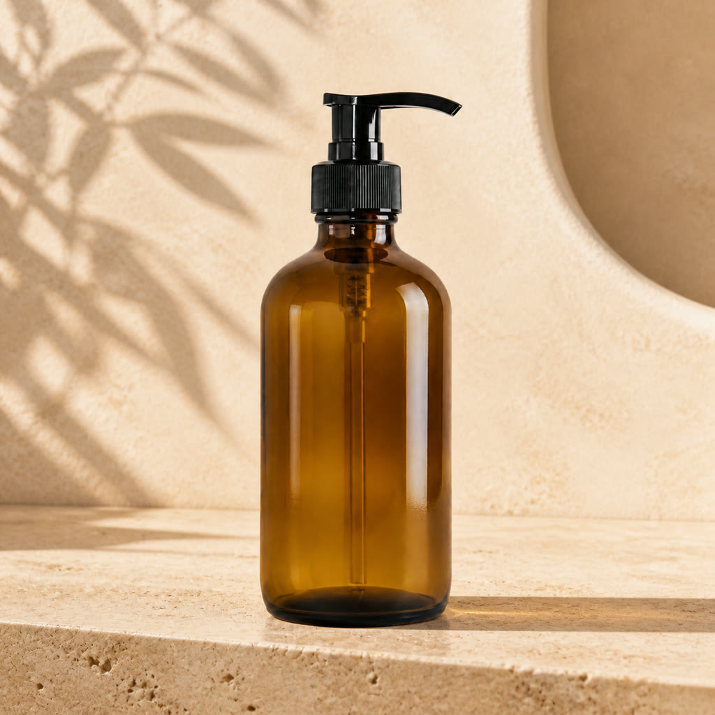 Same amber pump bottle on a warm travertine product background