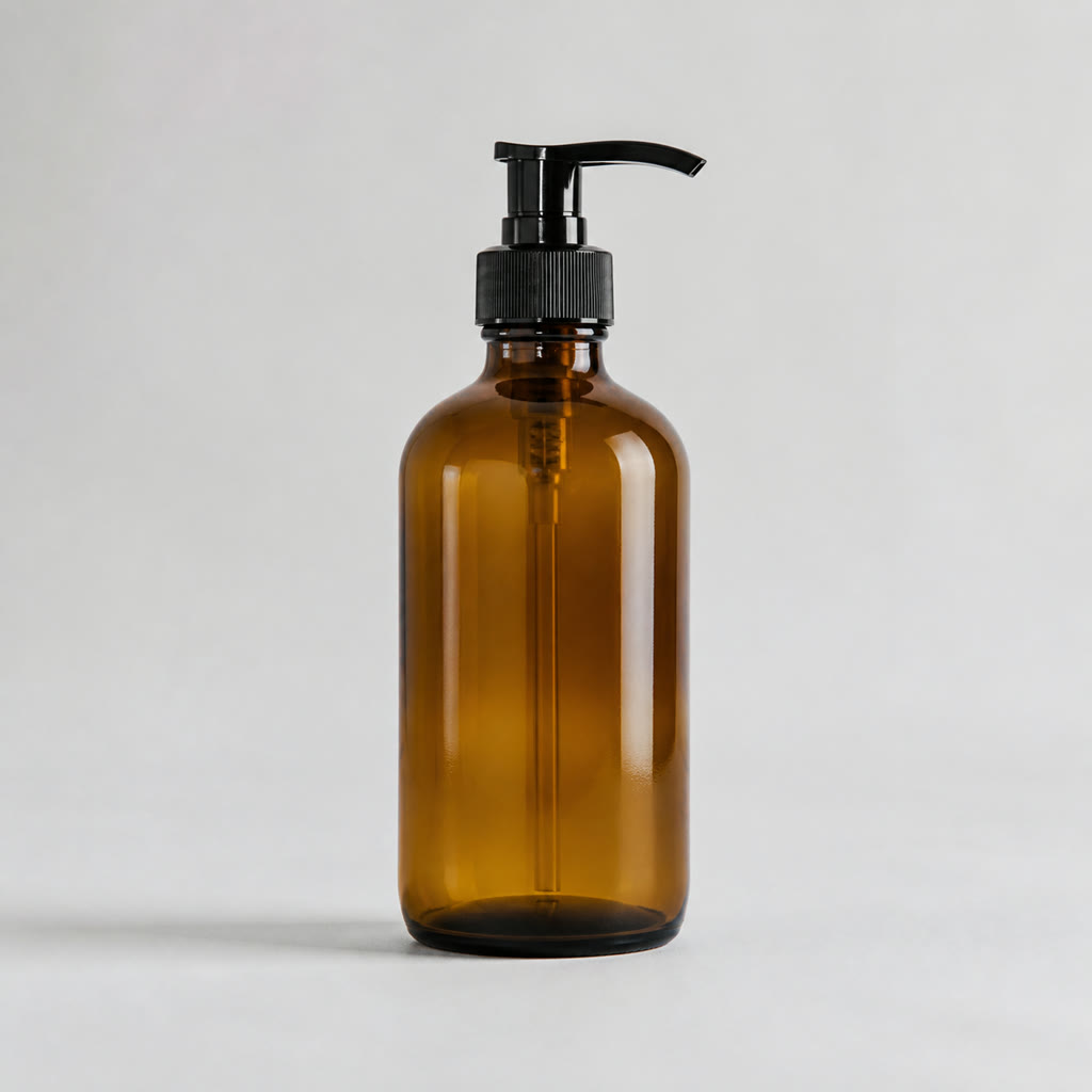 Unbranded amber pump bottle on a plain gray source background
