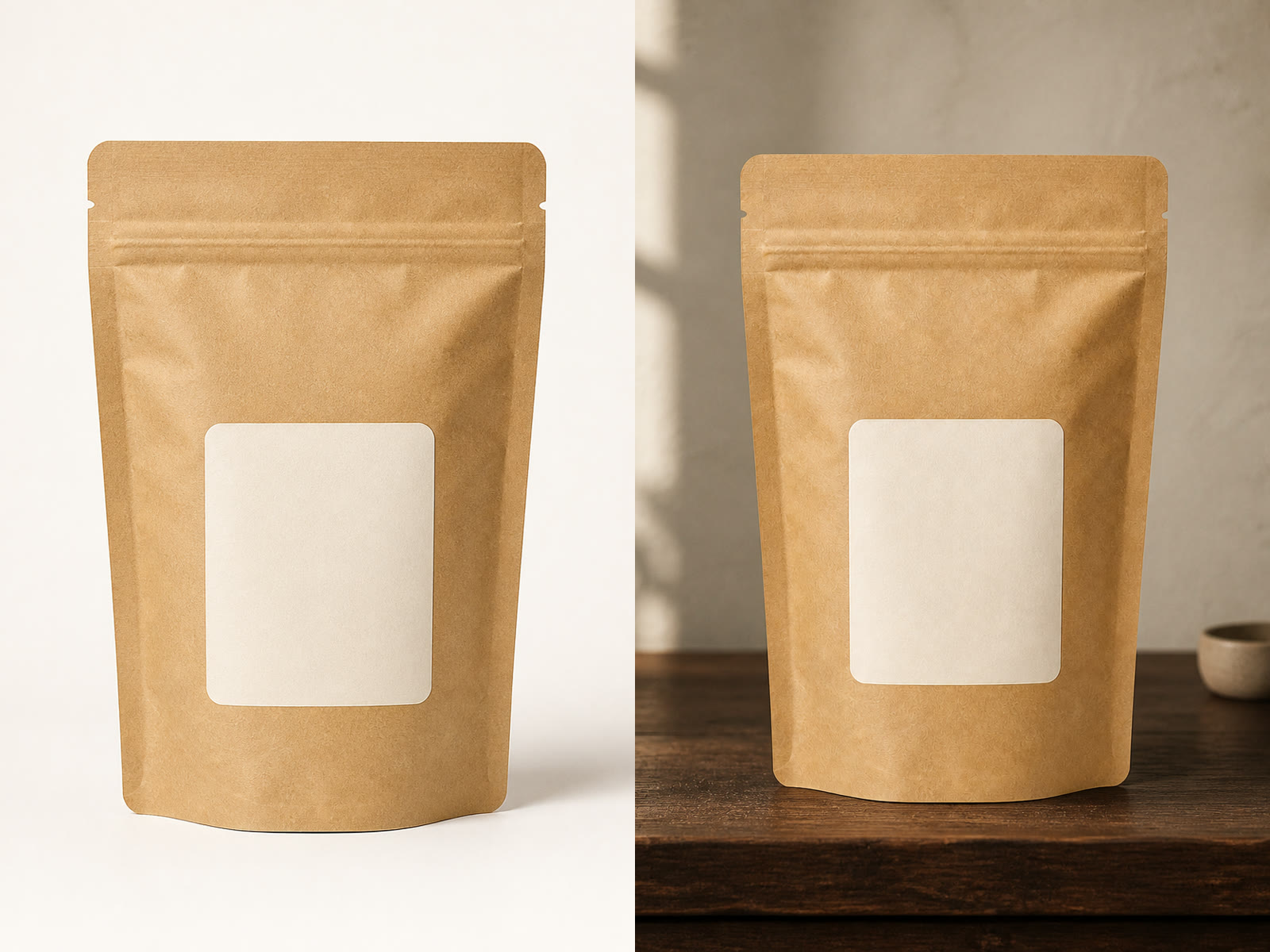 Before and after comparison of a kraft pouch in a craft lifestyle background