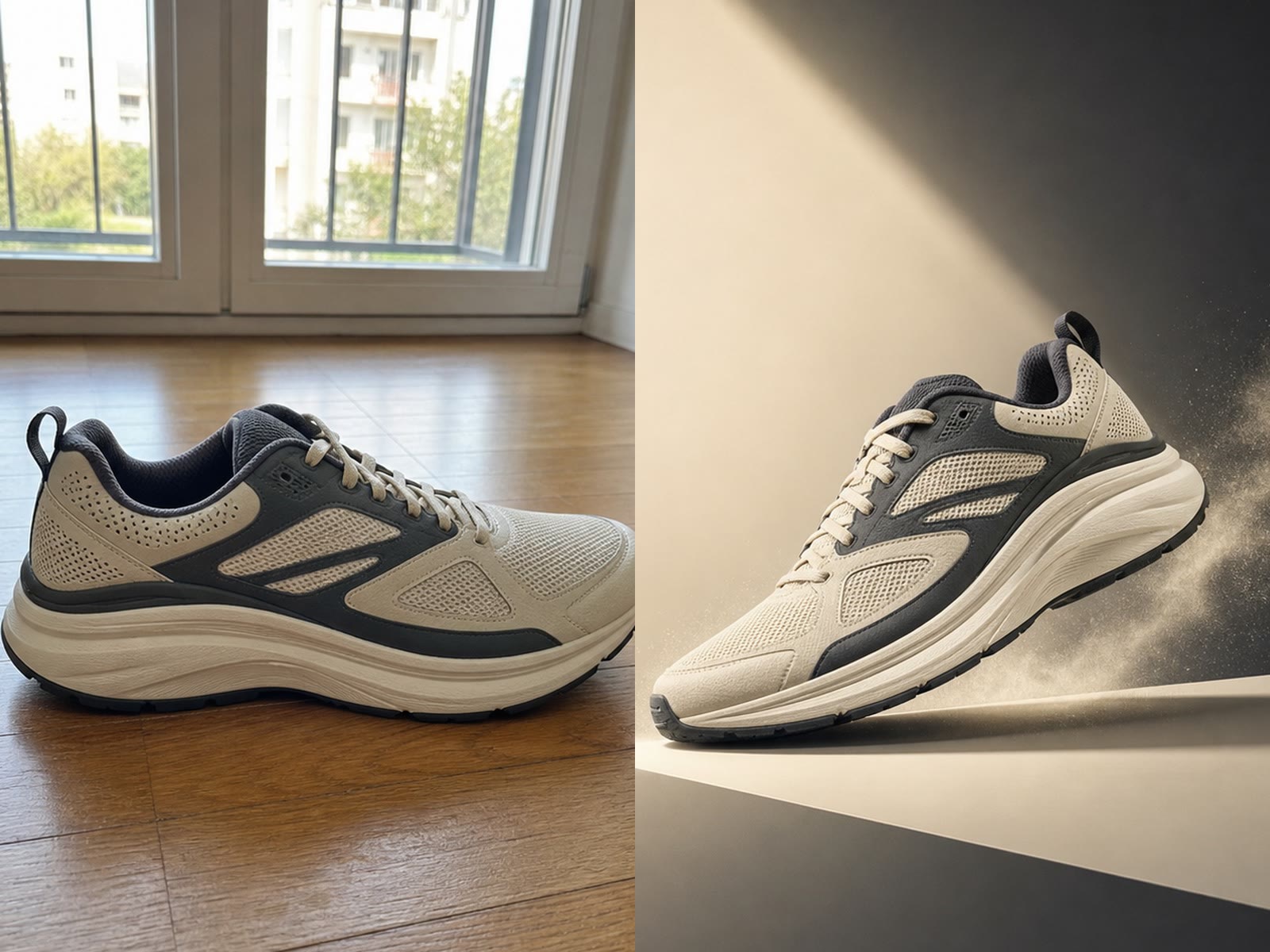 Before and after comparison of a running shoe in a bold spotlight background
