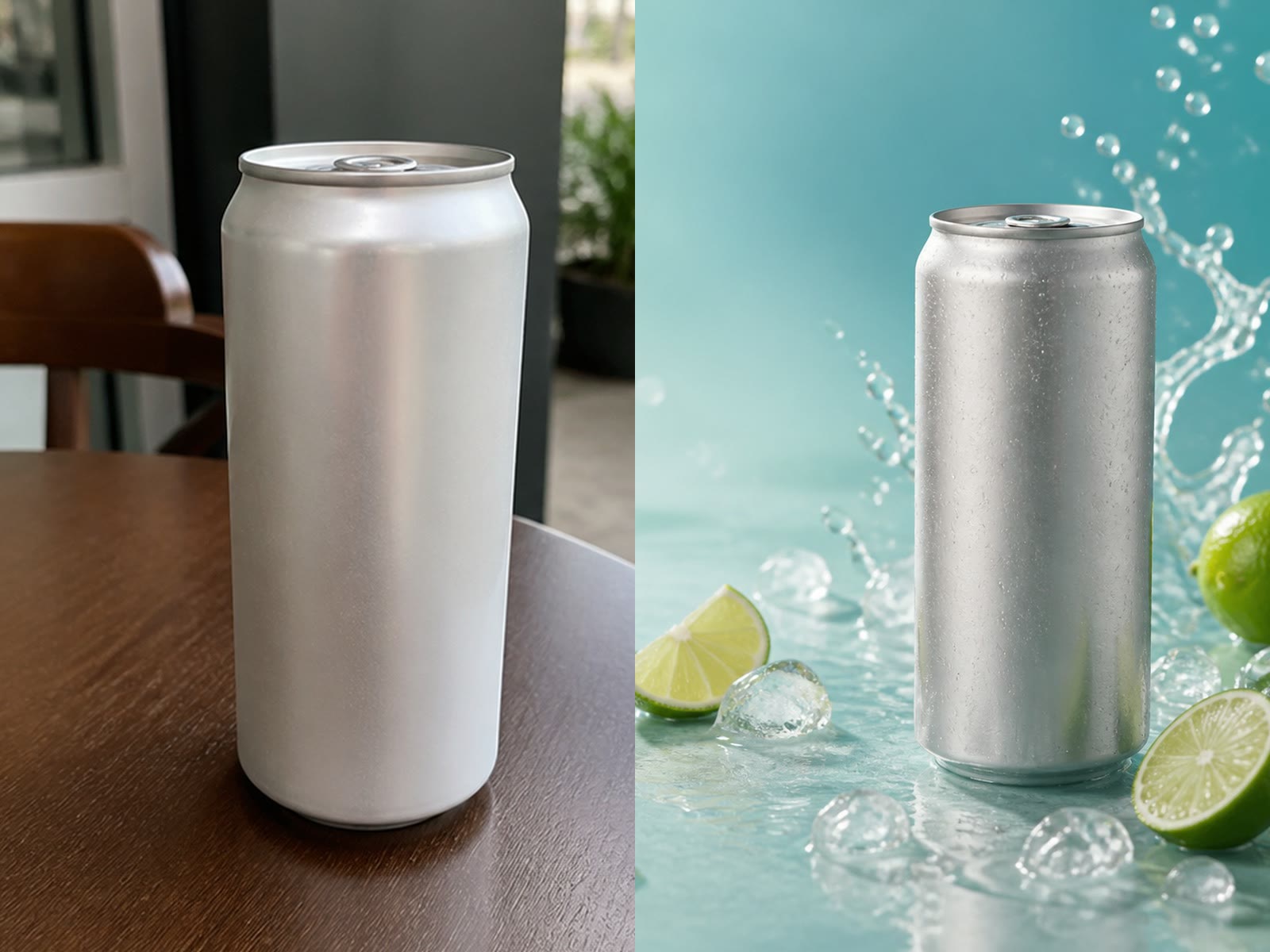 Before and after comparison of a silver can in a fresh aqua product background