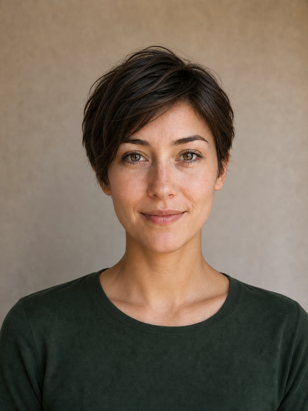 Same portrait previewed with a short textured pixie haircut