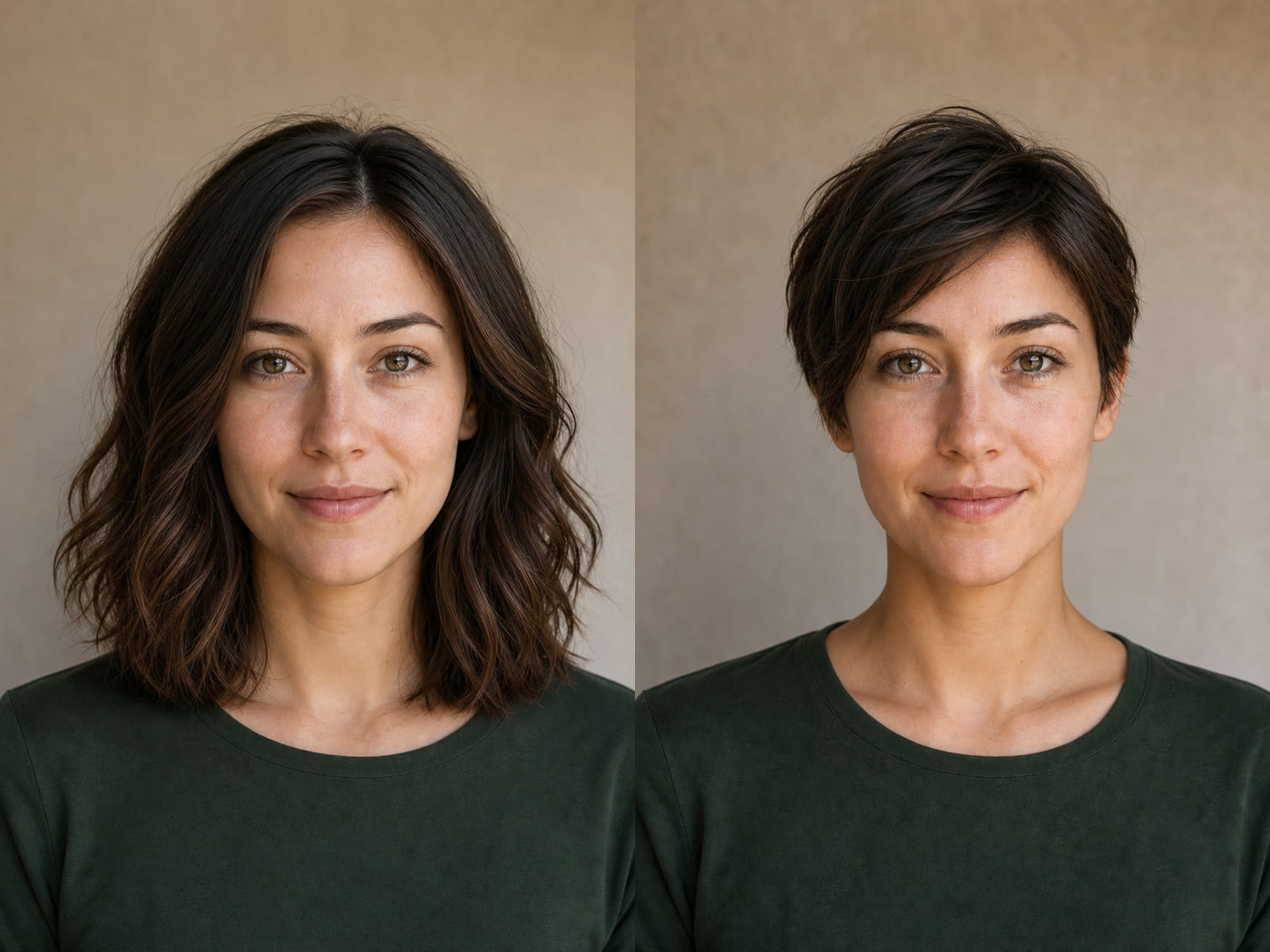 Before and after comparison showing a portrait with shoulder-length hair and a short pixie preview
