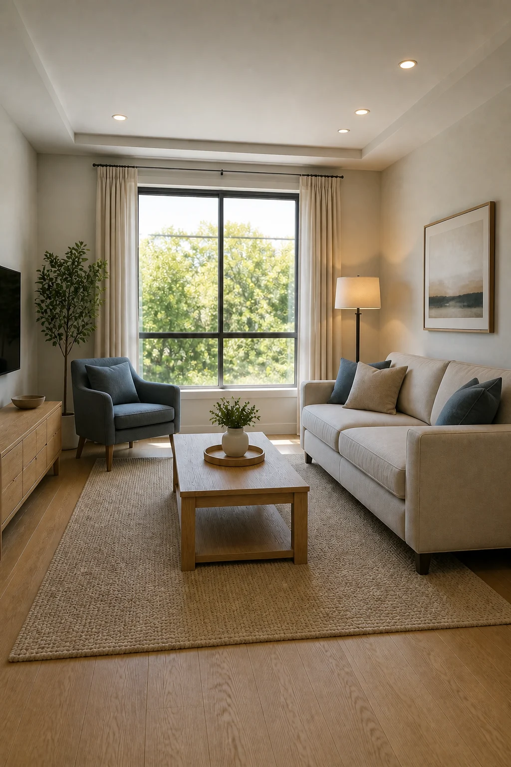 Living room render after an AI-to-real interior photography realism pass