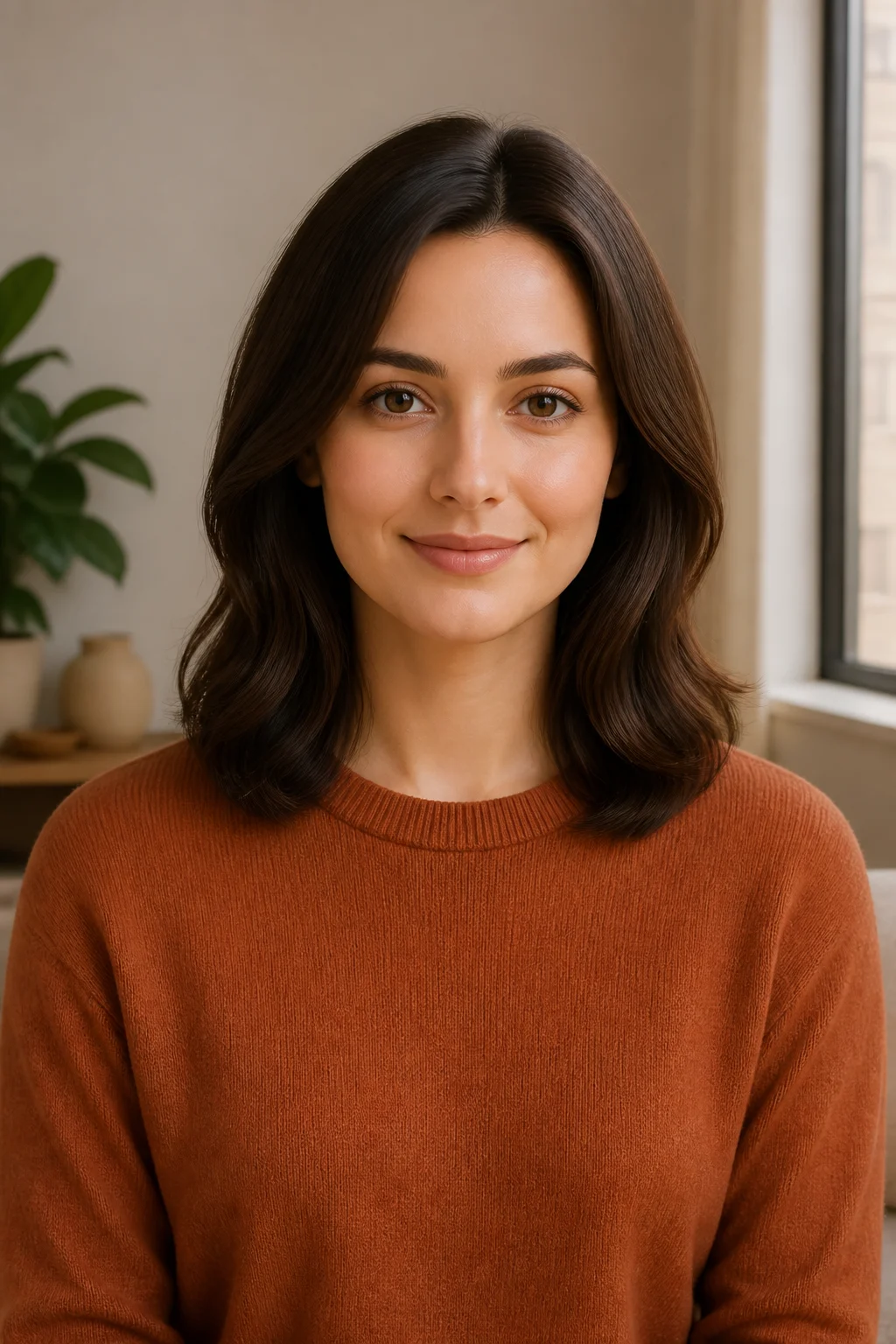 Fictional adult portrait with overly smooth synthetic skin and uniform light