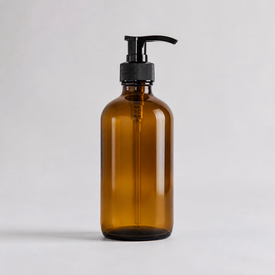 Amber pump bottle on its original source background