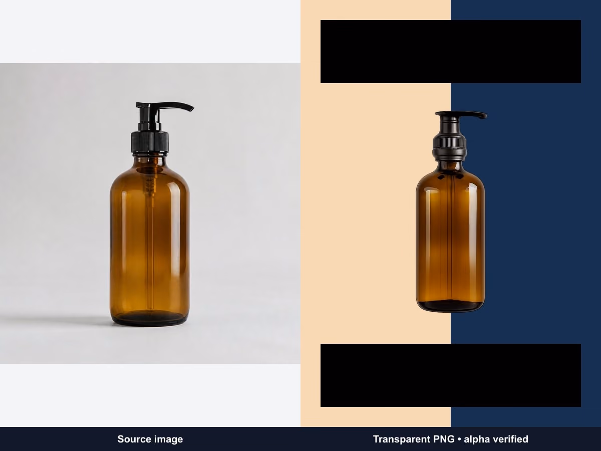 Amber bottle source beside its alpha-verified transparent PNG over two solid colors