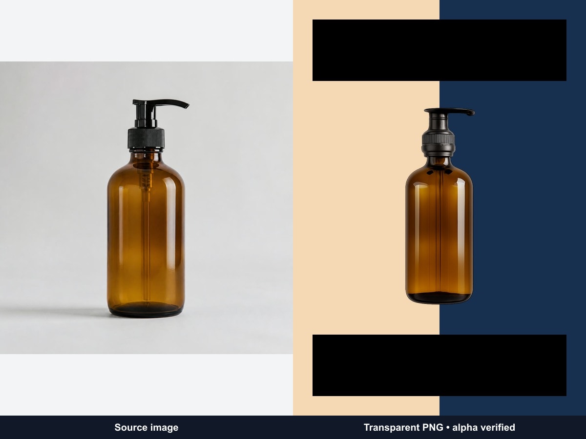Amber bottle source beside its alpha-verified transparent PNG