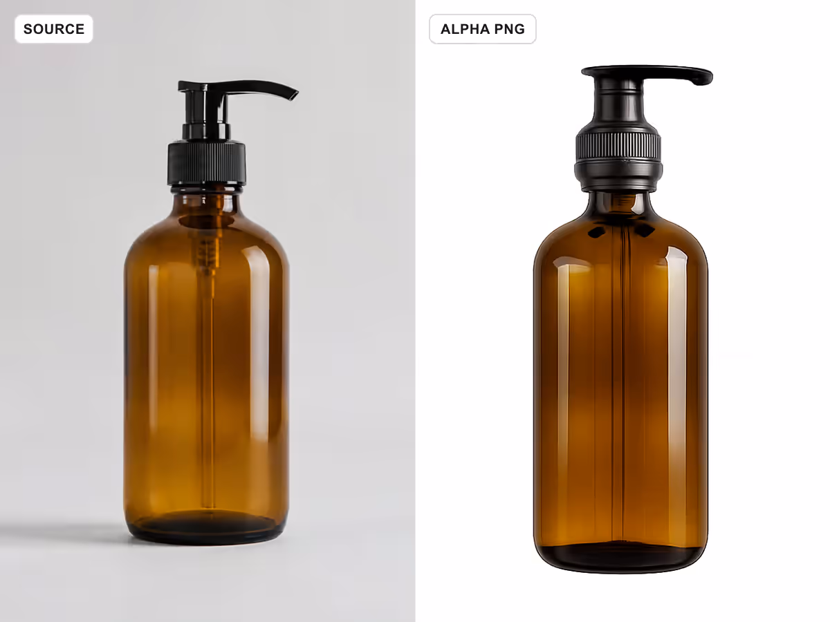 Amber bottle source beside its alpha-verified transparent PNG on a clean white panel