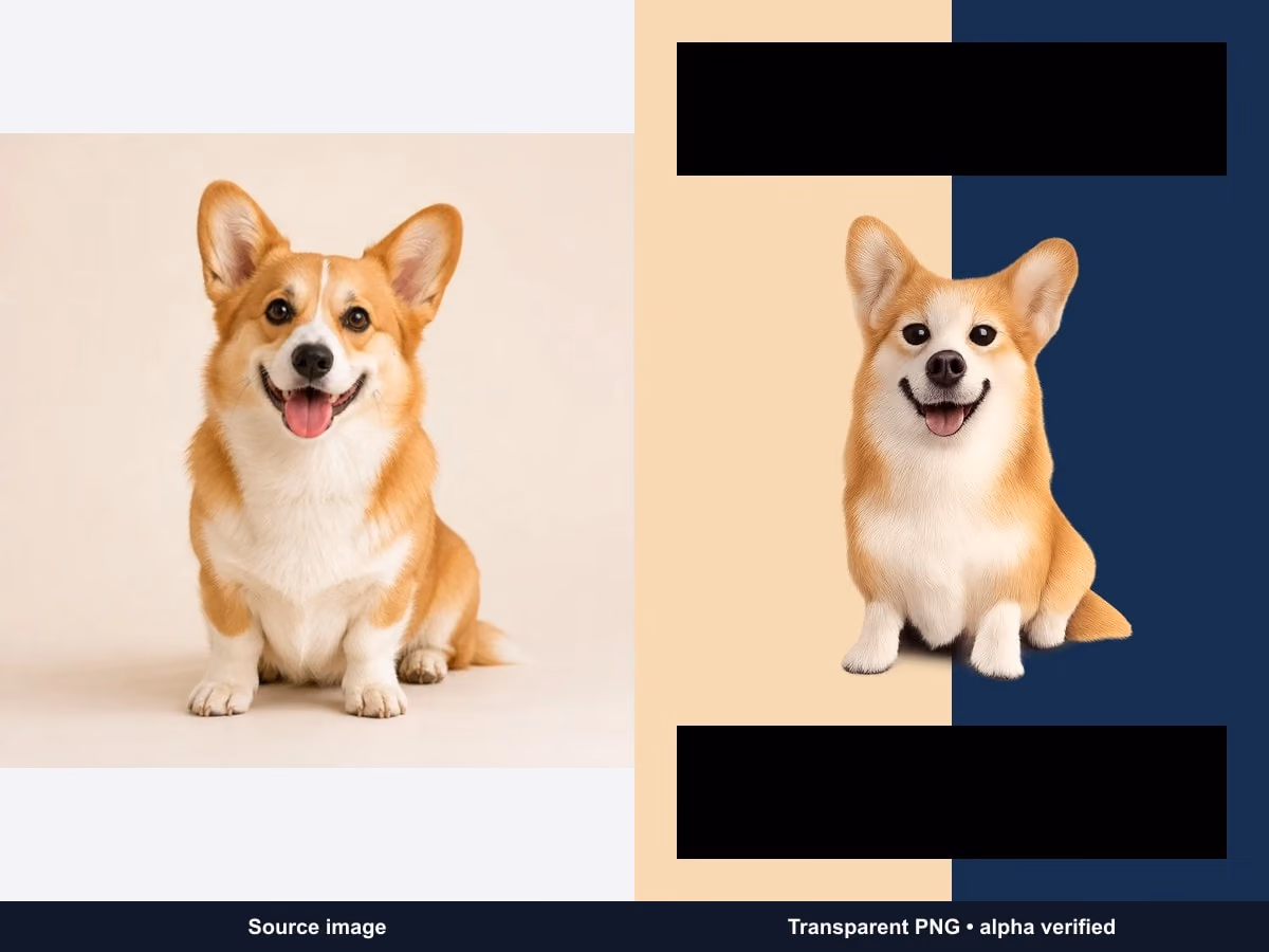 Corgi source beside an alpha-verified transparent PNG showing fur edges
