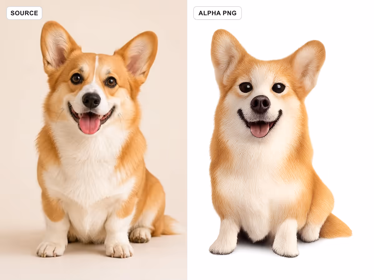 Corgi source beside an alpha-verified transparent PNG showing fur edges