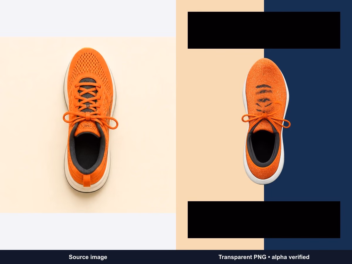 Orange shoe source beside an alpha-verified transparent PNG showing openings and laces