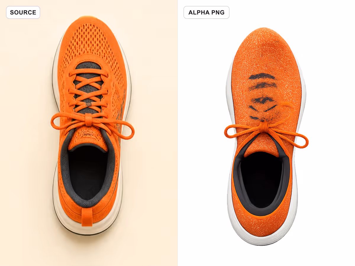 Orange shoe source beside an alpha-verified transparent PNG showing openings and laces