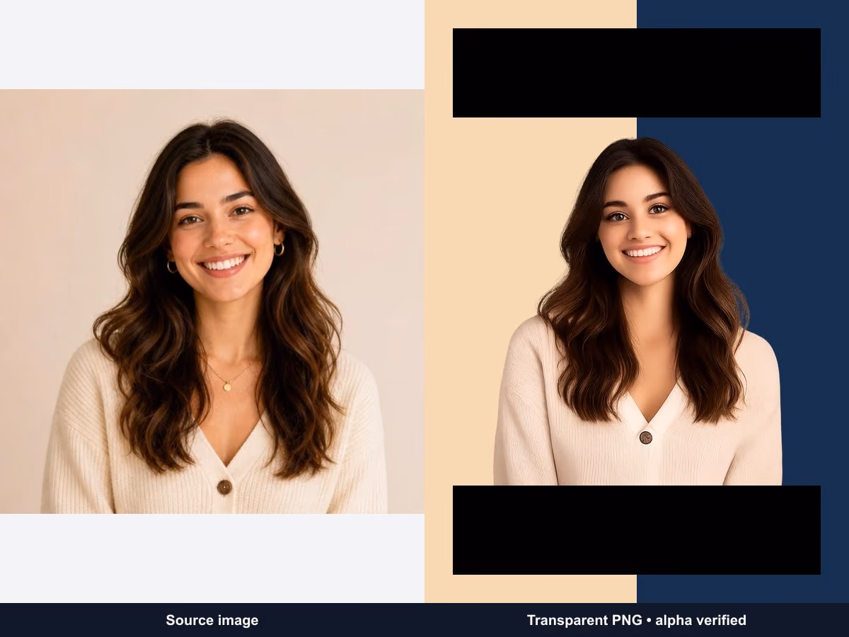 Fictional portrait source beside an alpha-verified transparent PNG showing hair edges