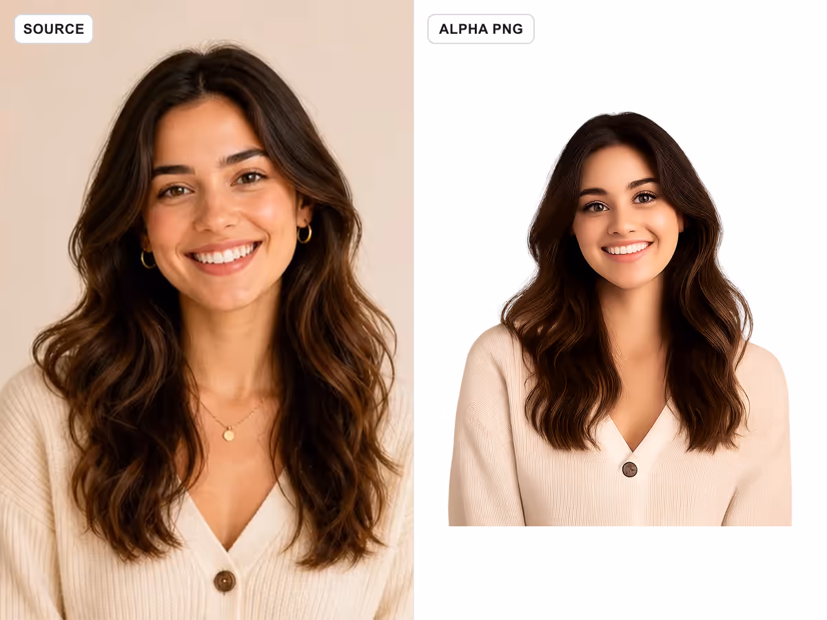 Fictional portrait source beside an alpha-verified transparent PNG showing hair edges