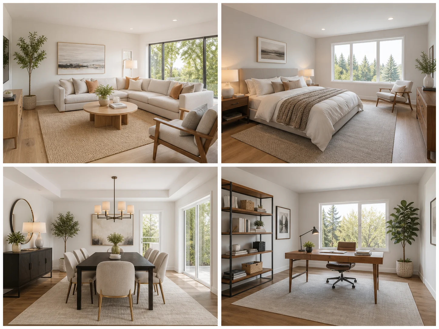 Four photorealistic virtually staged room examples
