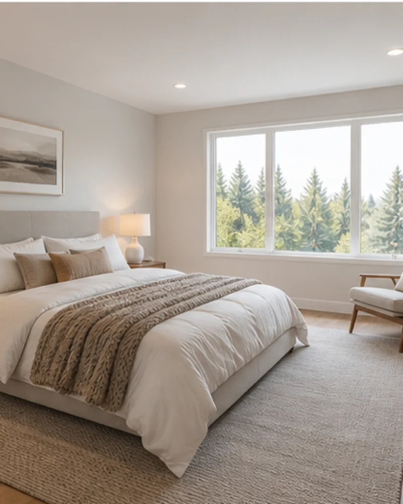 Photorealistic virtually staged warm modern bedroom