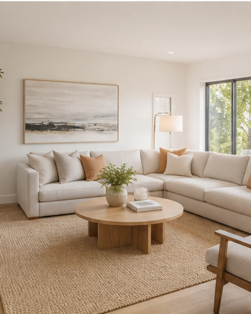 Photorealistic virtually staged Scandinavian living room