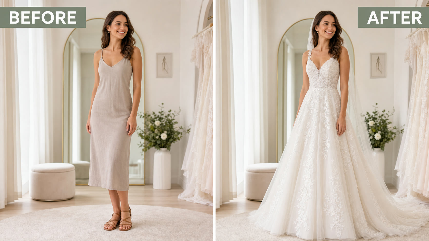 AI wedding dress generator before and after bridal outfit example