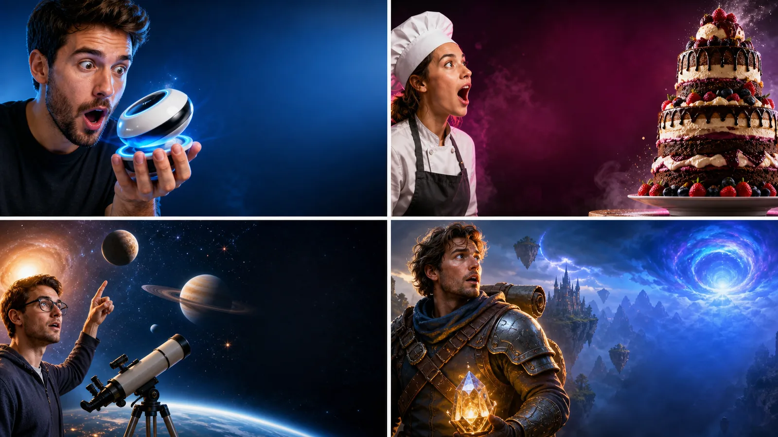 Four original high-contrast thumbnail directions for technology, food, education, and fantasy gaming videos.