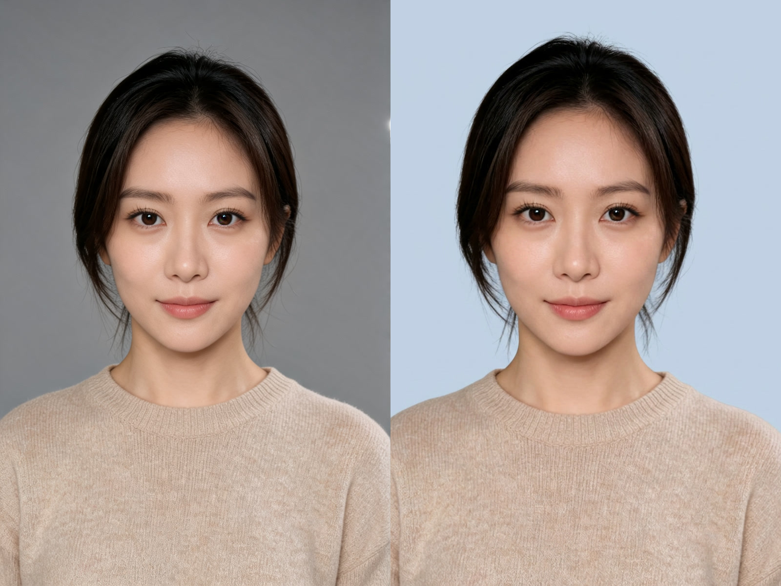 Portrait before and after changing the photo background color