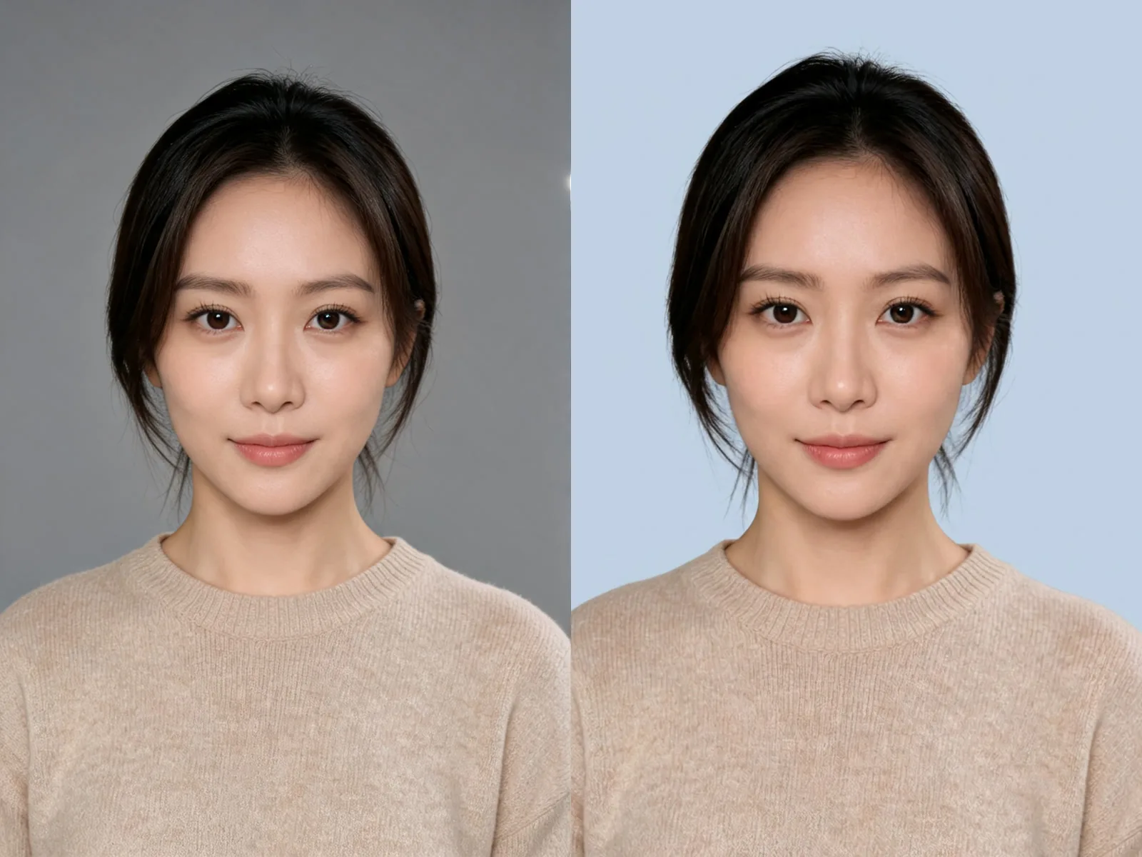 Portrait before and after changing the photo background color