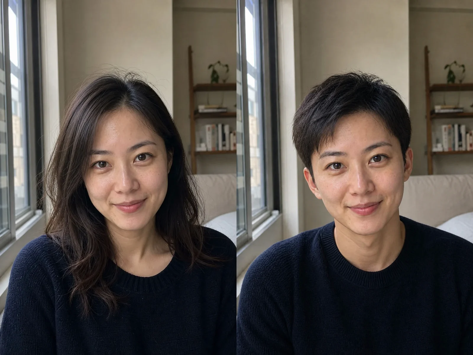 虚构东亚裔成年人自然男性化 AI 性别呈现前后对比