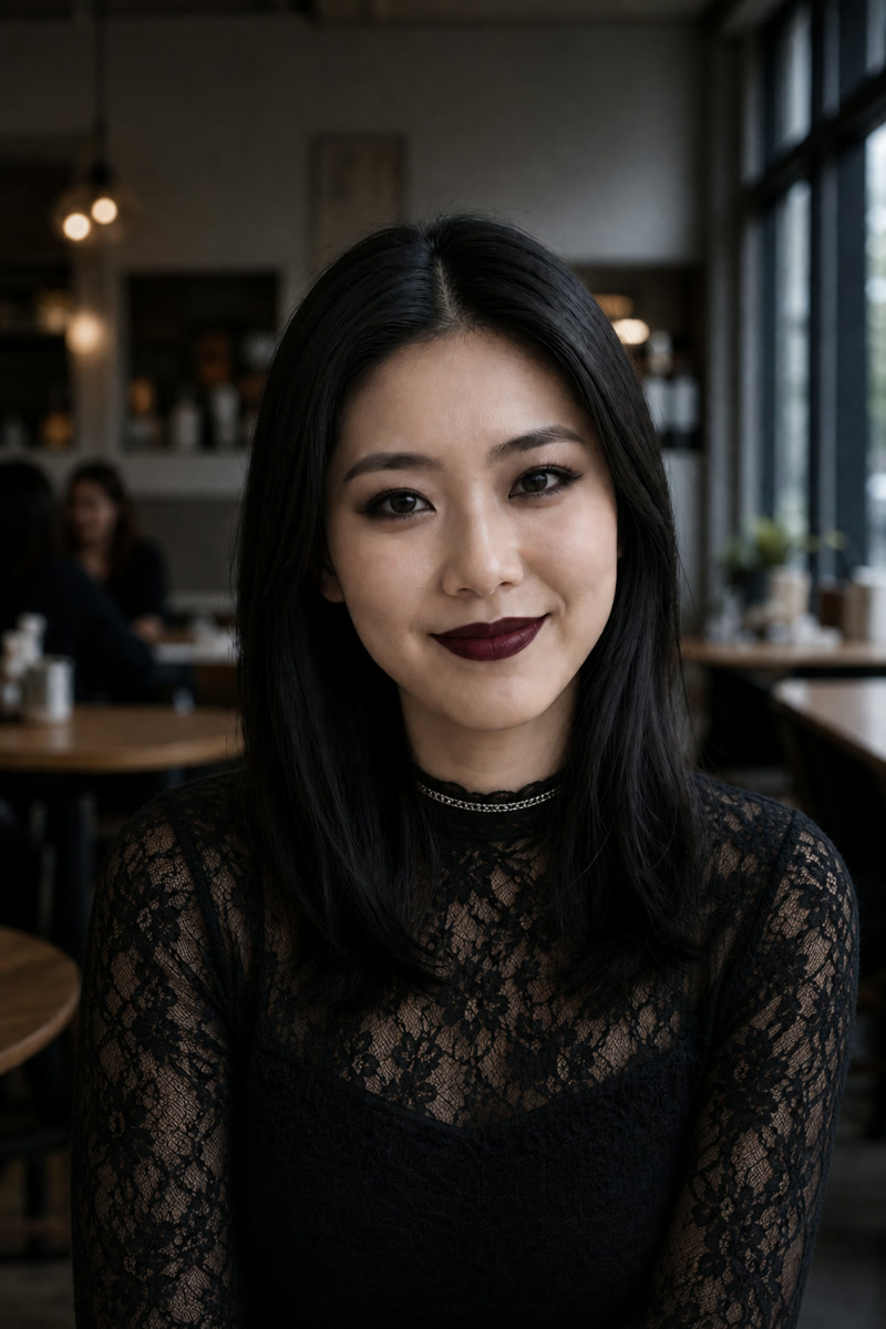 Same fictional adult restyled with black lace and Classic Goth makeup
