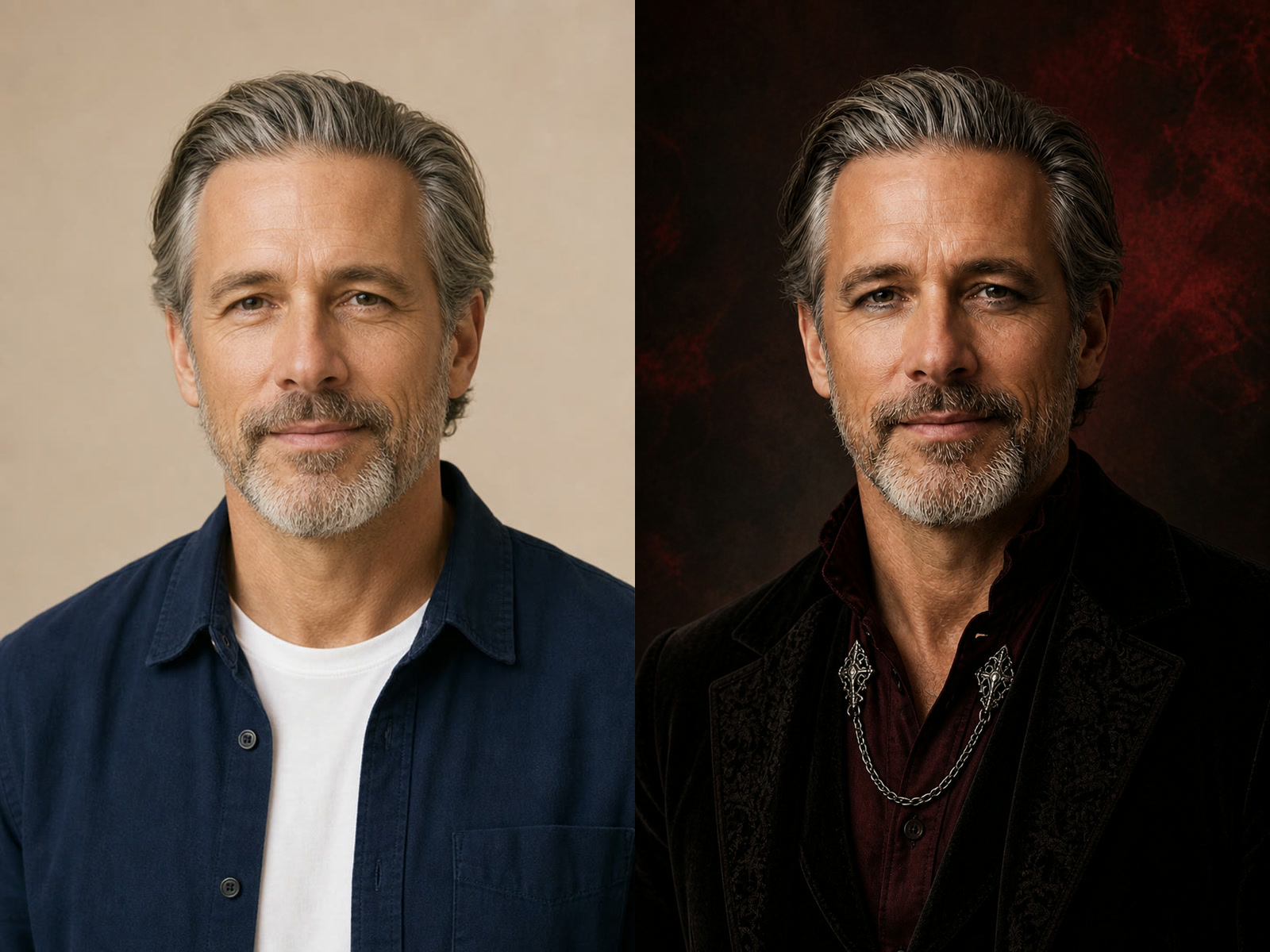 Romantic Goth Filter before and after mature menswear portrait