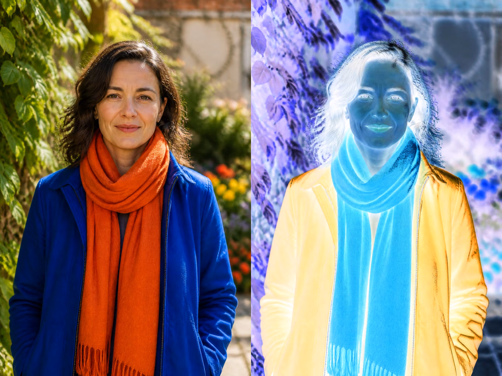 Portrait before and after inverting all RGB image colors