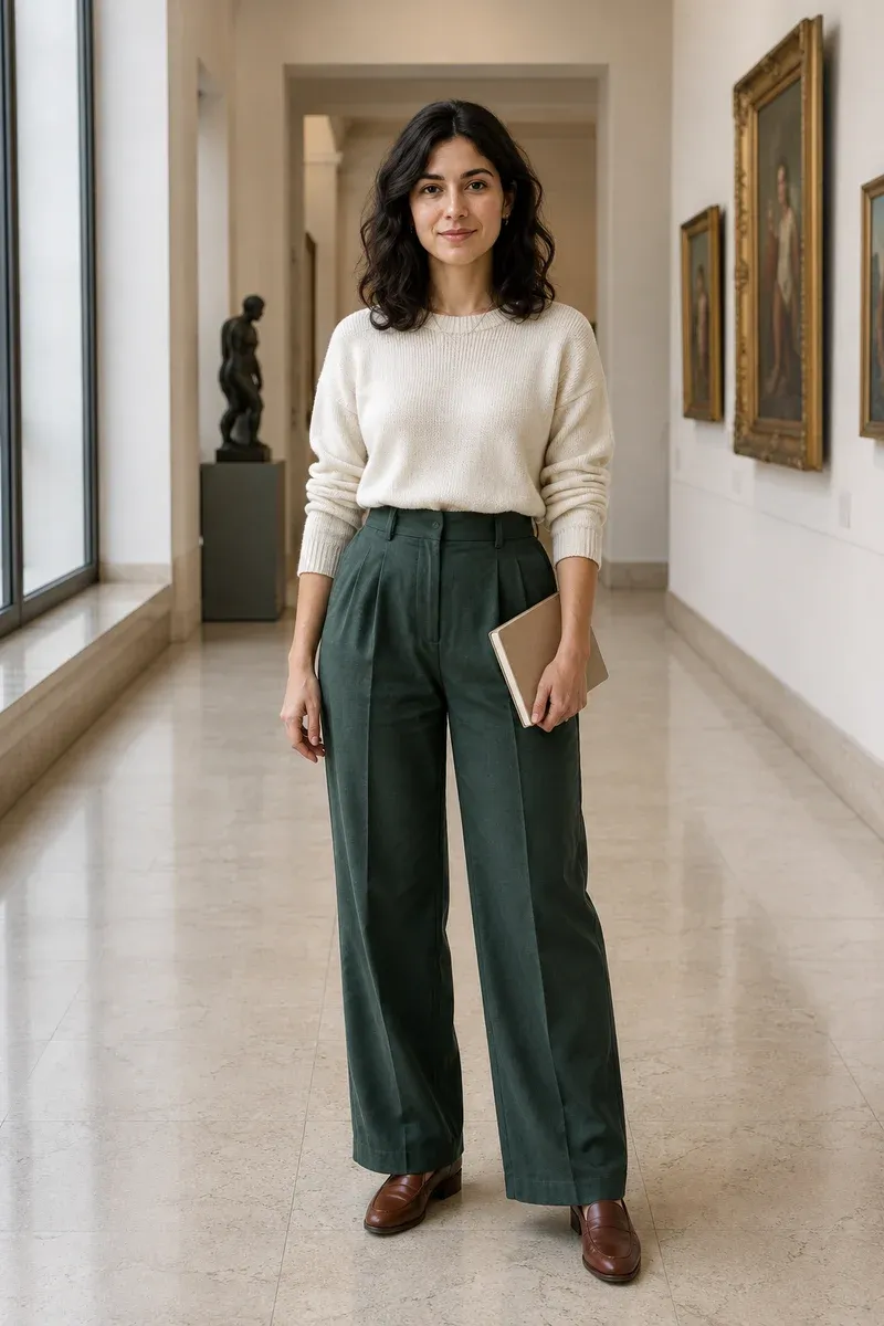 Complete fictional adult museum portrait with coherent trousers, hands, shoes, floor, and background