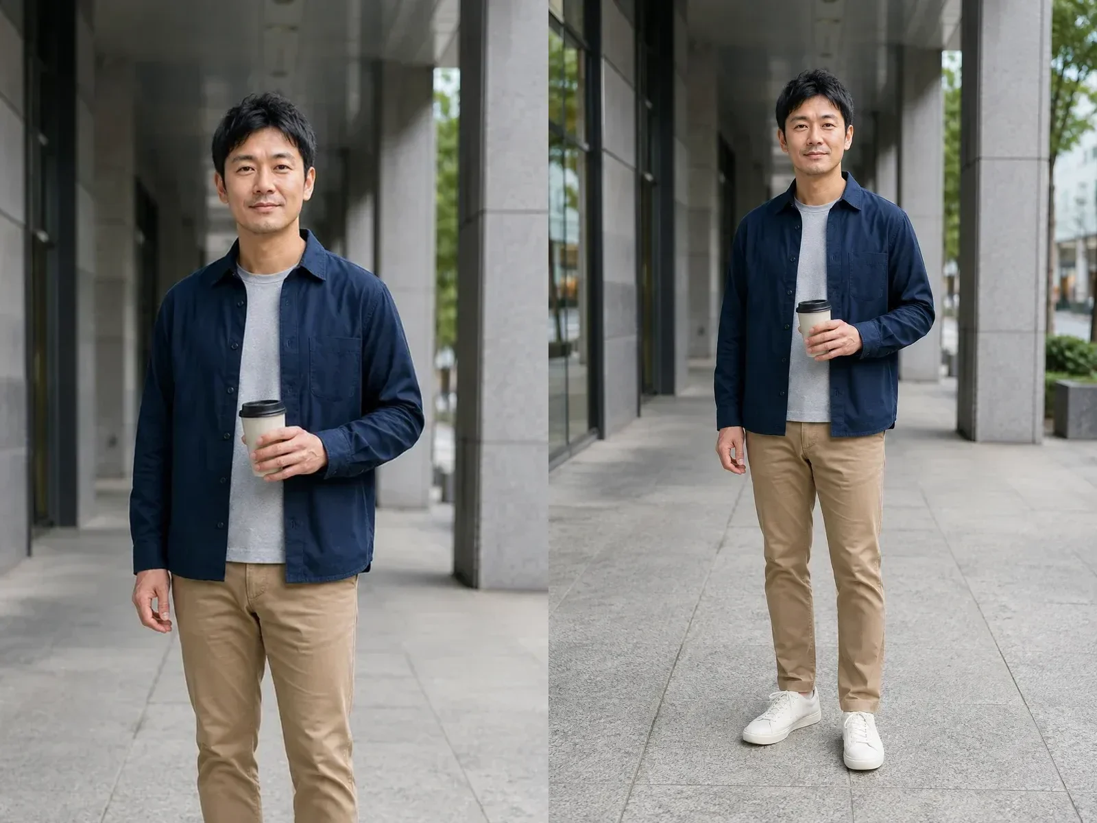 Cropped and complete fictional casual city portrait with continuous pose and background