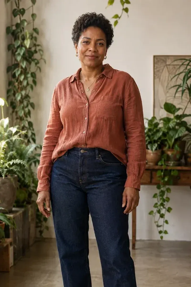 Cropped fictional adult portrait in a plant studio