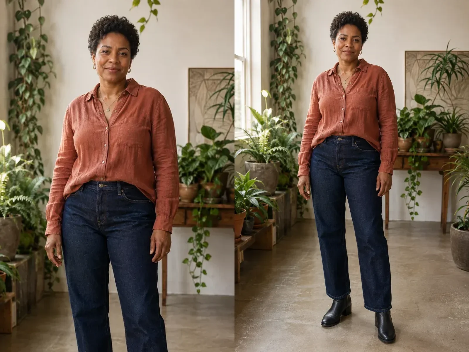 Cropped and complete fictional lifestyle portrait in a plant studio