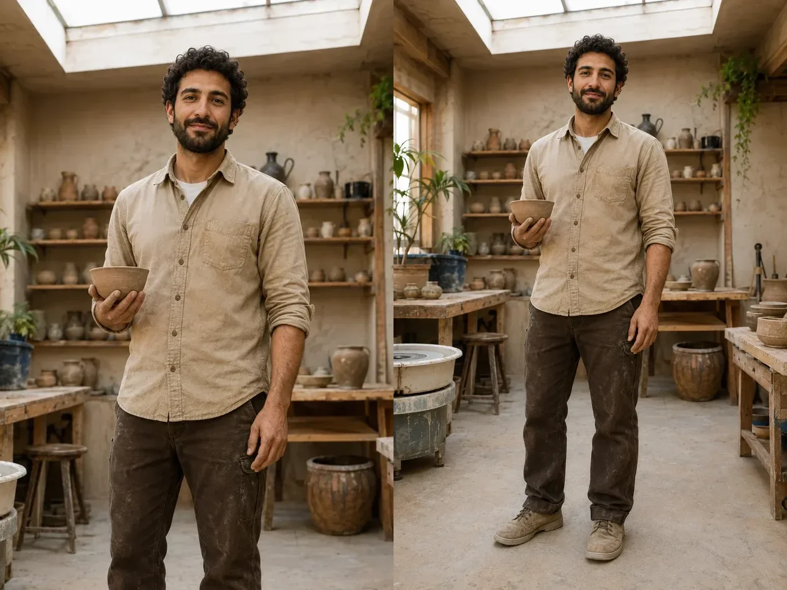 Cropped and complete fictional potter portrait with coherent hands, work clothes, and floor