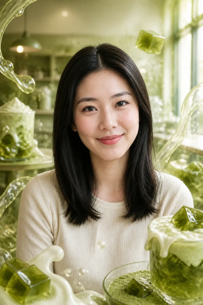 Same adult with translucent matcha jelly around a naturally rendered face