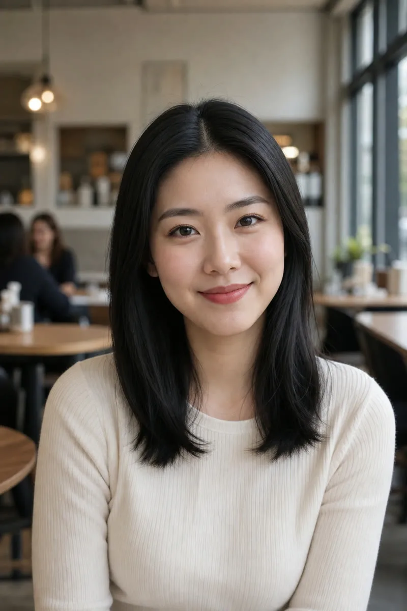 Adult East Asian woman in a cafe before using the Matcha Filter