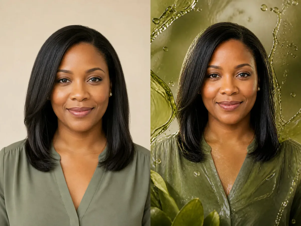 Moss Matcha editorial before and after portrait