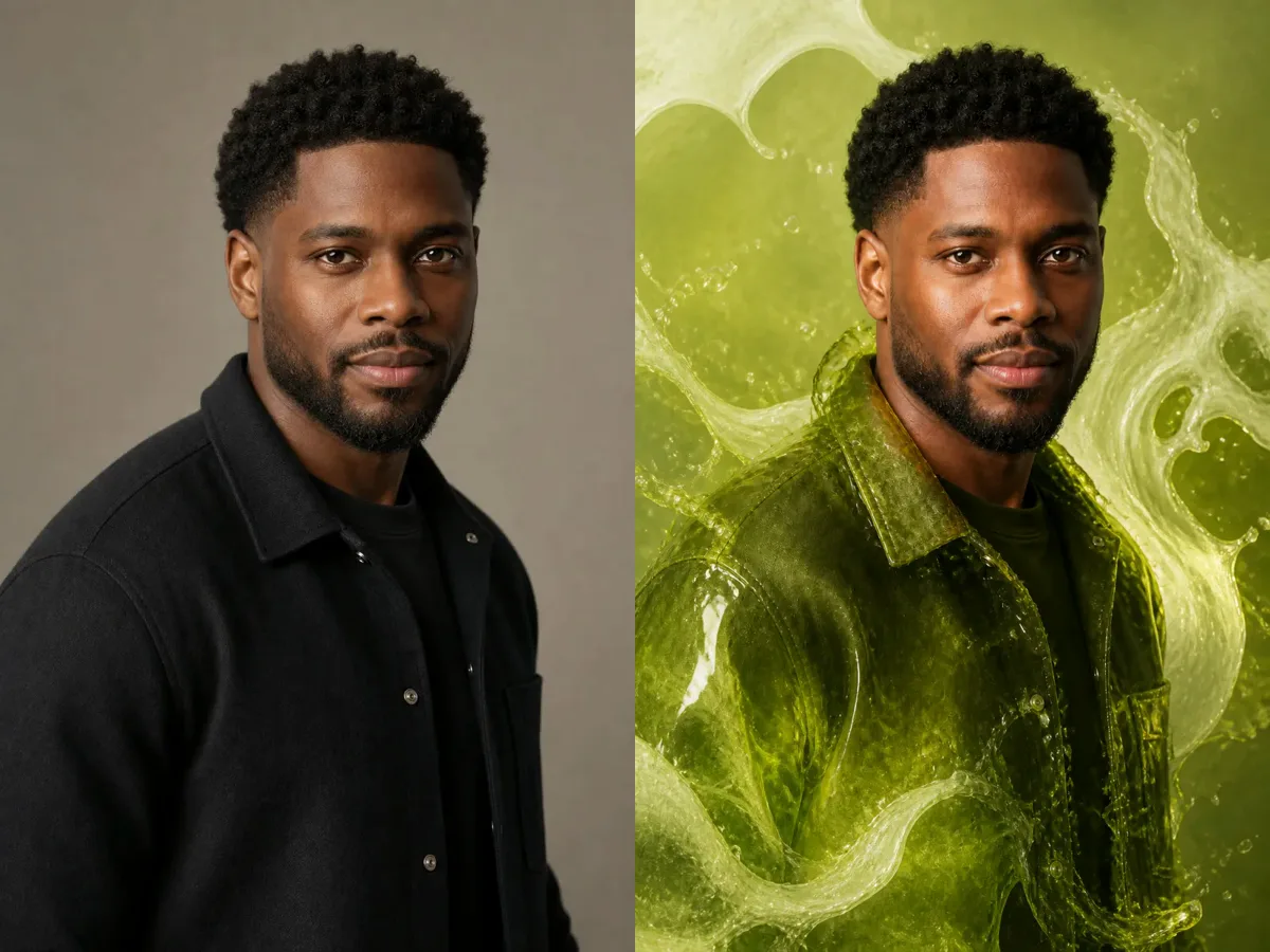 Neon Matcha Filter before and after portrait with natural dark skin