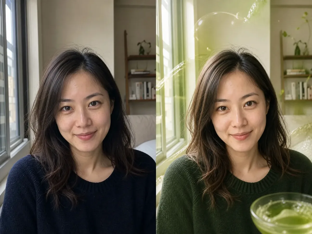 Soft Matcha Glow before and after window-light portrait