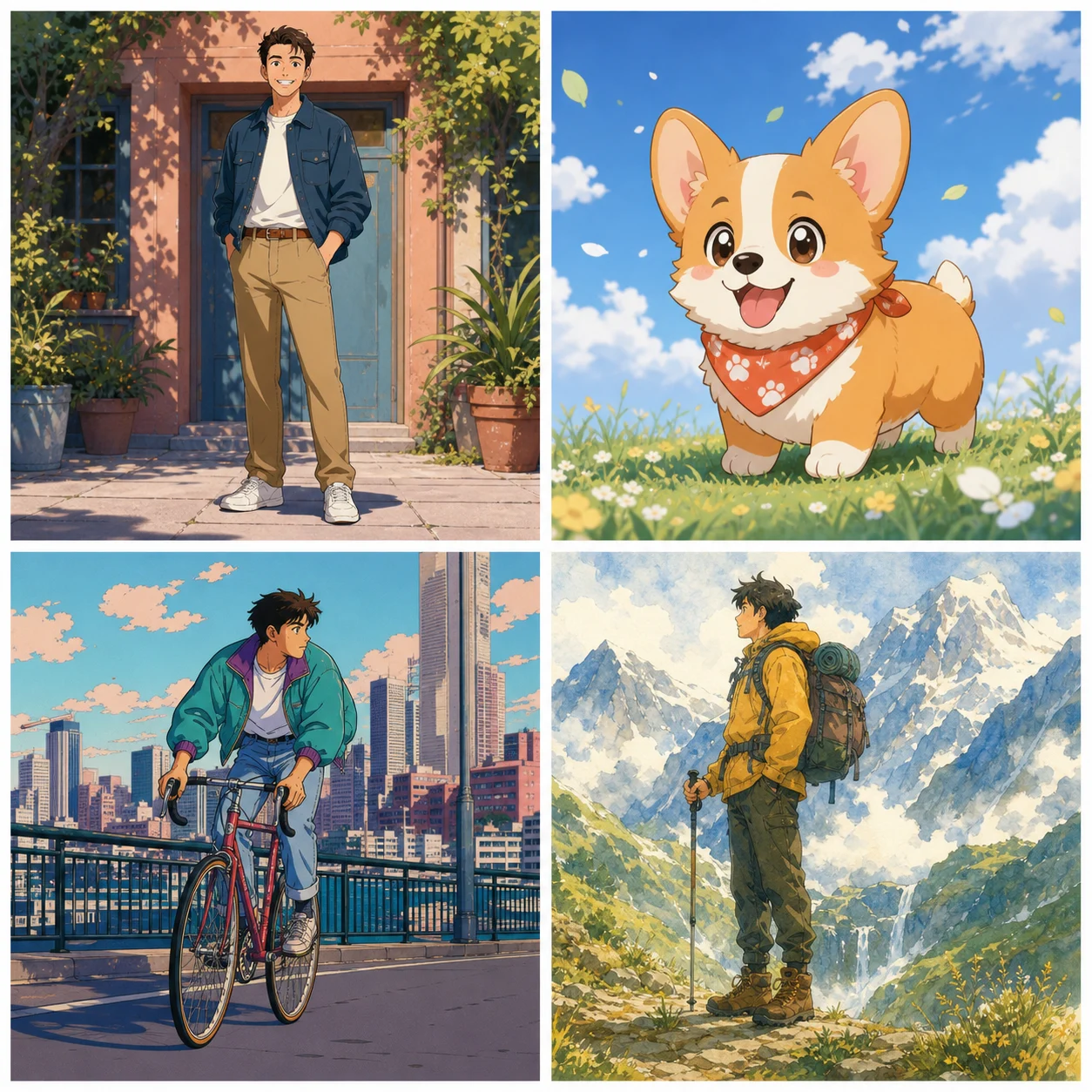 Four original anime-inspired visual directions for portraits, pets, action scenes, and travel photos.