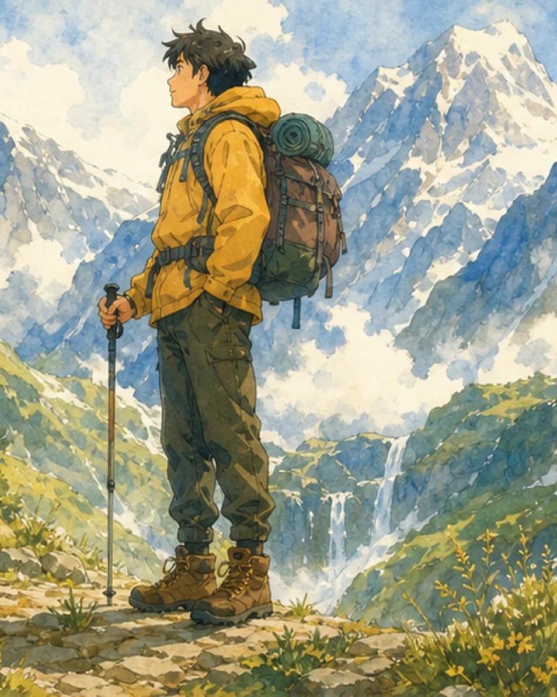 Original cinematic watercolor traveler illustration