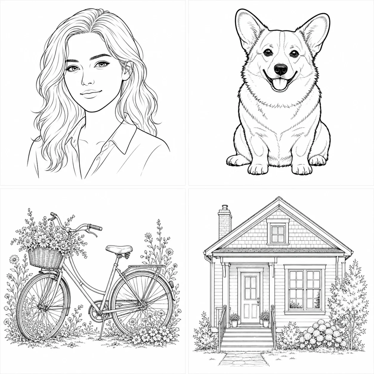 Four black-and-white photo-to-line-drawing examples