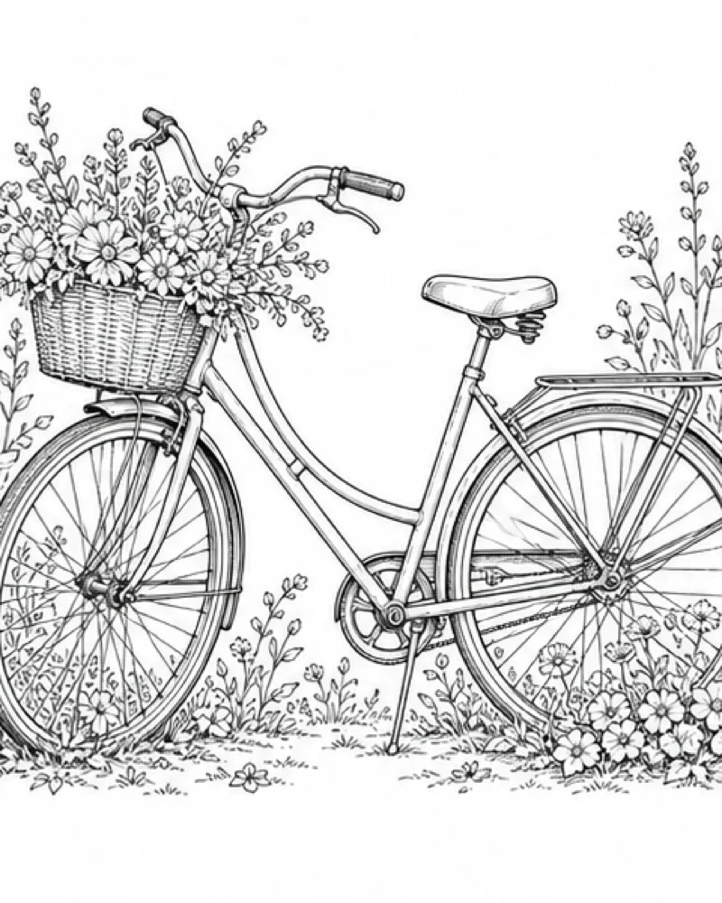 Detailed pen bicycle and flower line drawing