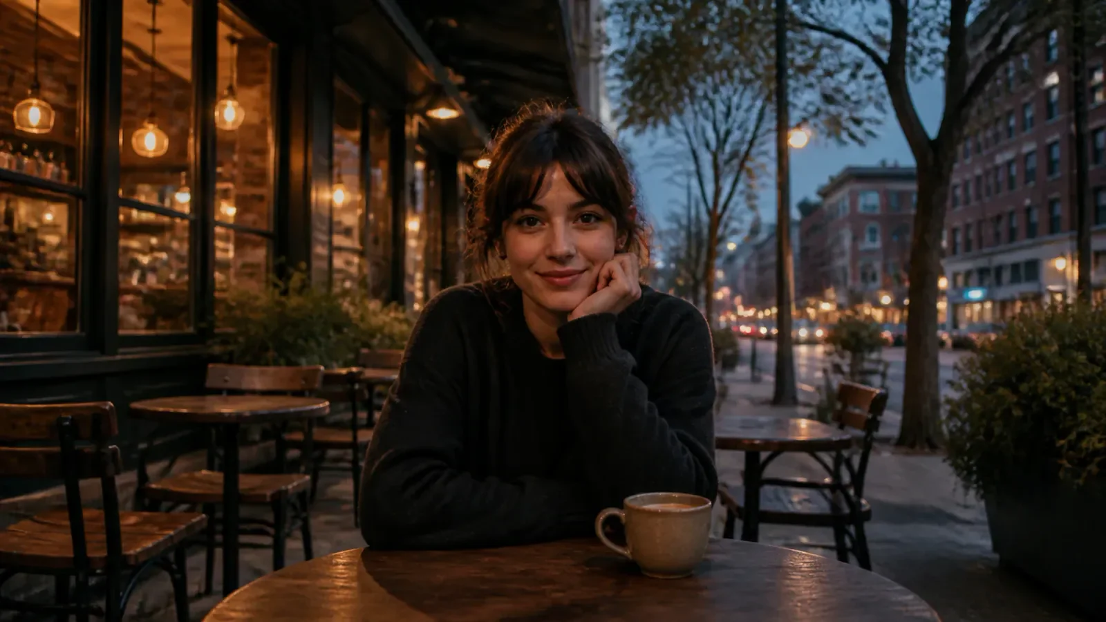 Wide cafe portrait with tables, storefront, sidewalk, and city depth visible around the subject