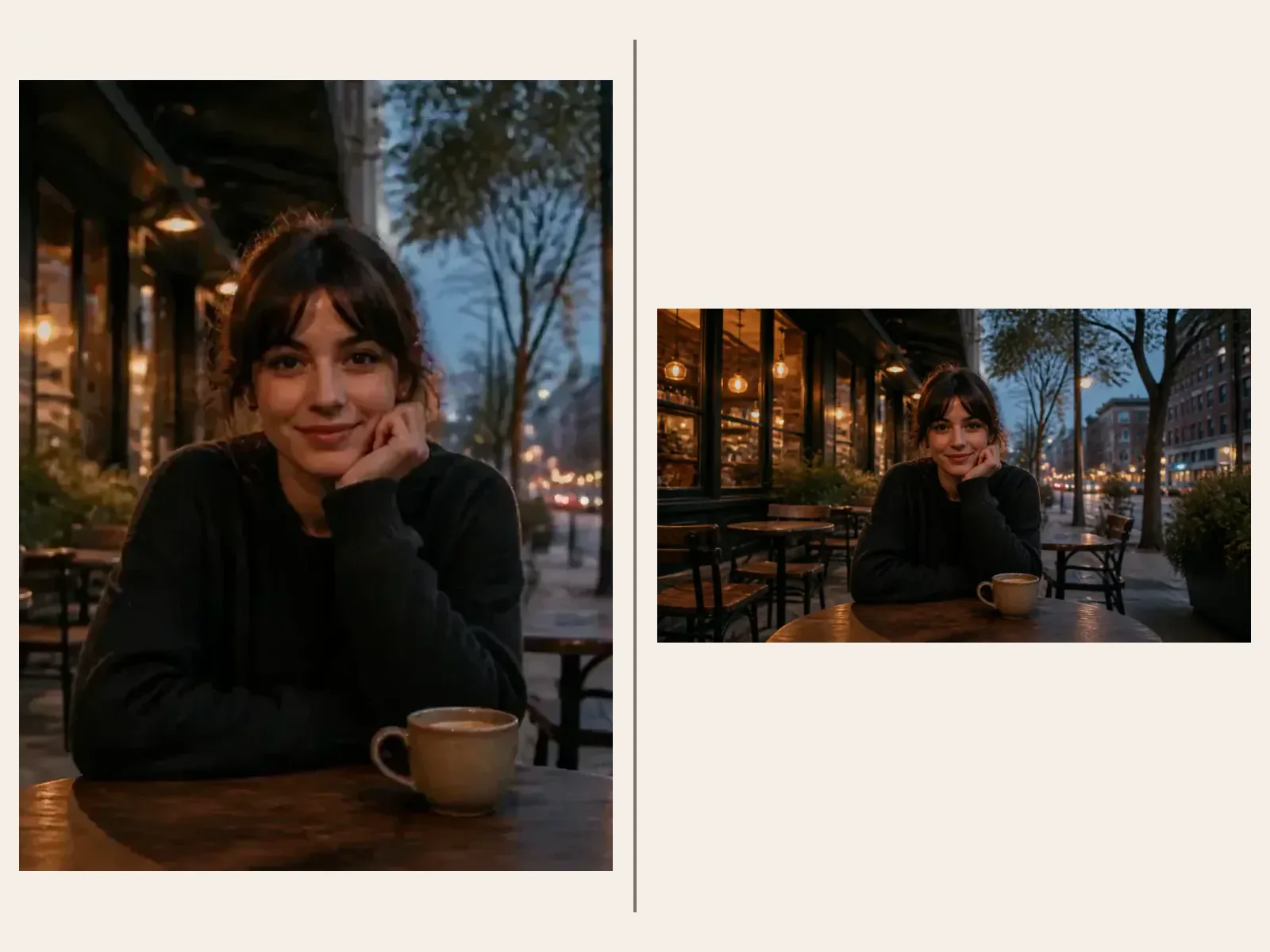 Portrait source and wide cafe continuation compared side by side
