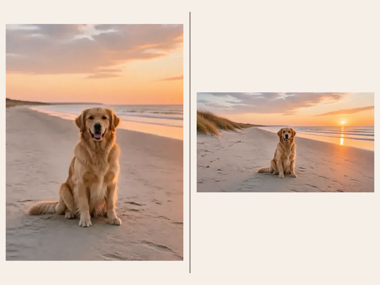 Cropped dog portrait and expanded sunrise beach scene